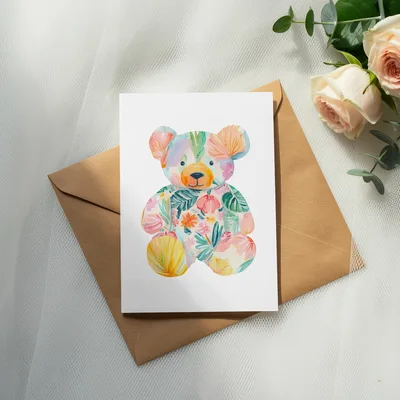 Watercolor Floral Teddy Bear Digital PNG Clipart, Cute Pastel Nursery Art Print, Boho Baby Shower Bear Sublimation Design Graphic Download