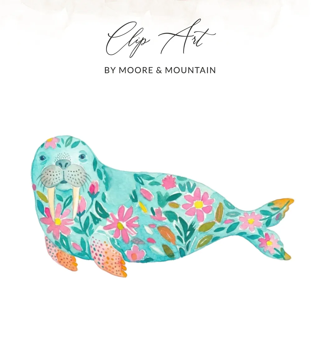 Walrus illustration with floral pattern on white background.