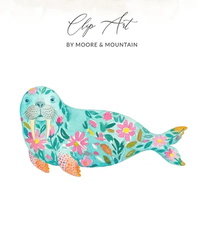 Watercolor Floral Walrus T-Shirt Design Digital Download, Whimsical Ocean Animal PNG File, Cute Marine Life Graphic Tee