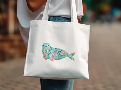 White tote bag featuring a seal illustration with floral and coral accents.