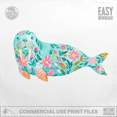 Watercolor illustration of a walrus with floral patterns, "Easy Download" text.