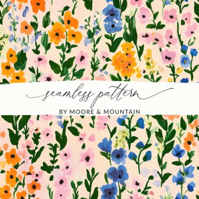 Watercolor Flower Pattern Digital Download, Floral Seamless Design, Pink Blue Orange Flower Art Print, Printable Background, Art for Crafts