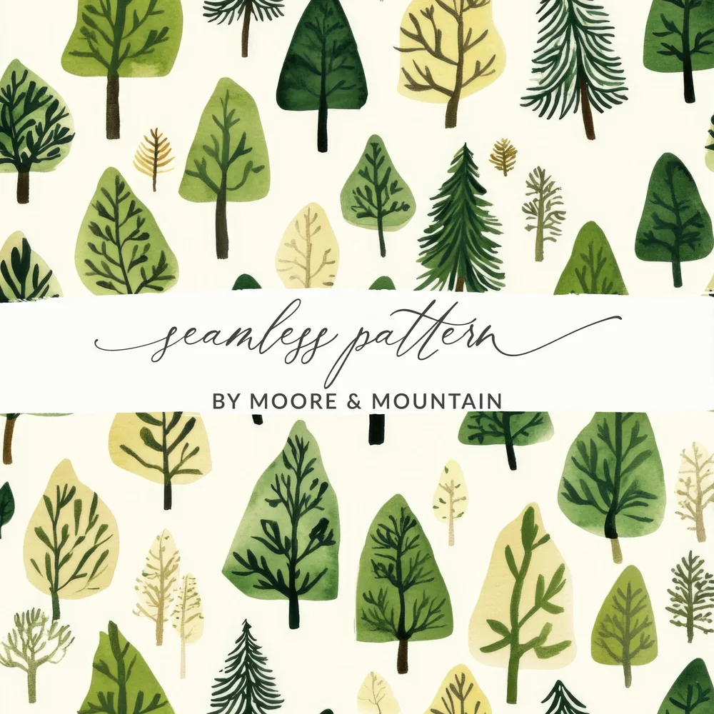 Watercolor Forest Digital Paper, Seamless Tree Pattern, Woodland Background for Crafts, Scrapbooking, Instant Download - Moore and Mountain