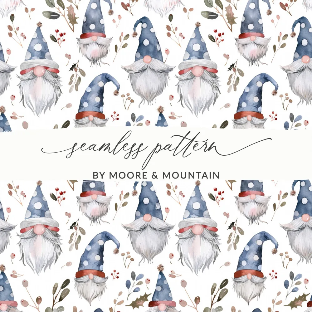 Watercolor Gnome Digital Seamless Pattern, Holiday Print Fabric Design, Christmas Gnomes, Digital Paper Pack, Scrapbook Paper, 12x12 JPEG - Moore and Mountain