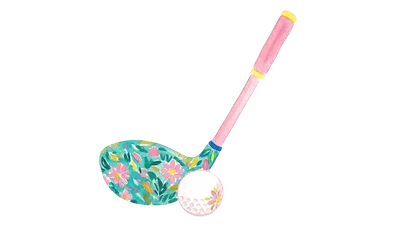 Pink golf club with floral pattern and ball.