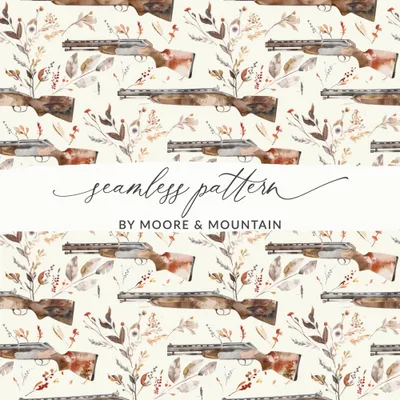 Watercolor Guns and Foliage Pattern Seamless Delicate Digital