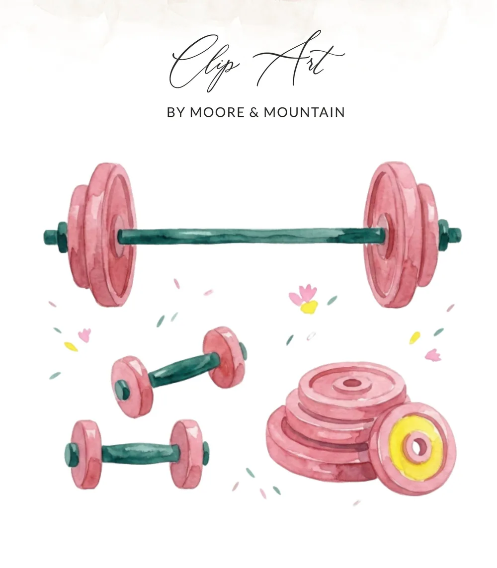 Watercolor Gym Equipment Clipart Digital, Pink Dumbbell Barbell Weight Plates PNG, Fitness Art Bundle, Cute Workout Clip Art, Gym Lover Gift