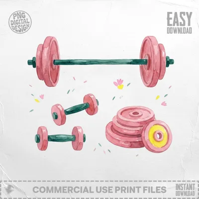 Watercolor Gym Equipment Clipart Digital, Pink Dumbbell Barbell Weight Plates PNG, Fitness Art Bundle, Cute Workout Clip Art, Gym Lover Gift