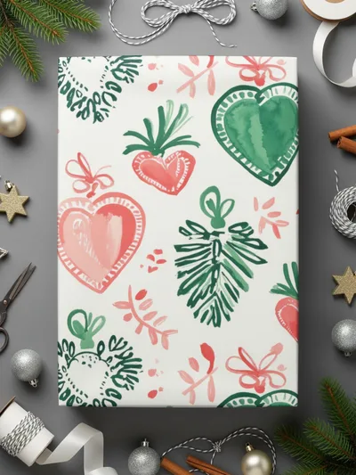 Watercolor Heart Digital Paper, Pink Green Festive Pattern, Winter Holiday Scrapbook Paper, Printable Background Texture, Digital - Moore and Mountain