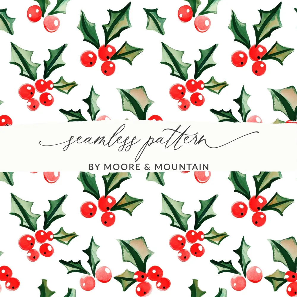 Watercolor Holly Berries Festive Christmas Seamless Pattern Digital - Moore and Mountain