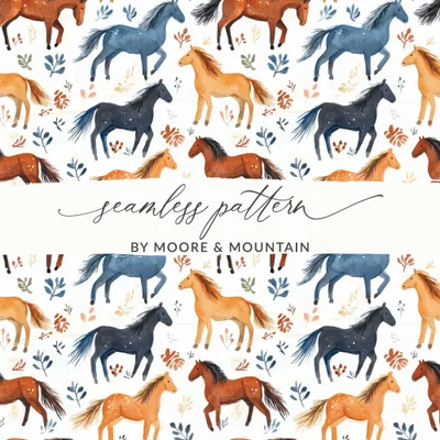 Watercolor Horses and Foliage Pattern Equestrian Digital