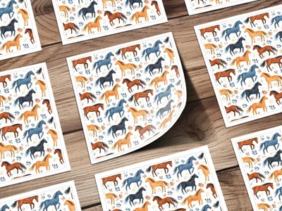 Watercolor Horses and Foliage Pattern Equestrian Digital - Moore and Mountain