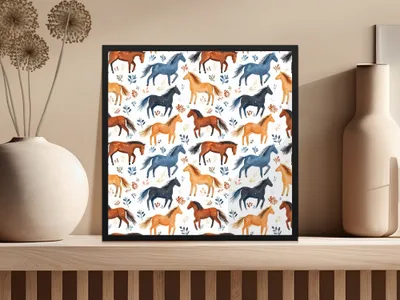 Watercolor Horses and Foliage Pattern Equestrian Digital - Moore and Mountain