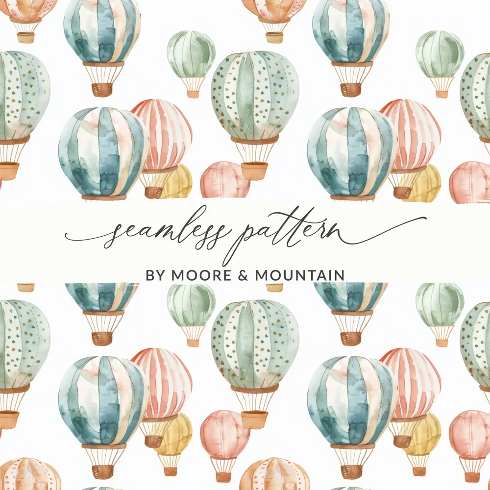 Watercolor Hot Air Balloon Digital Paper, Seamless Balloon Pattern, Pastel Sky Background, Printable Fabric Design, Kids Room Decor