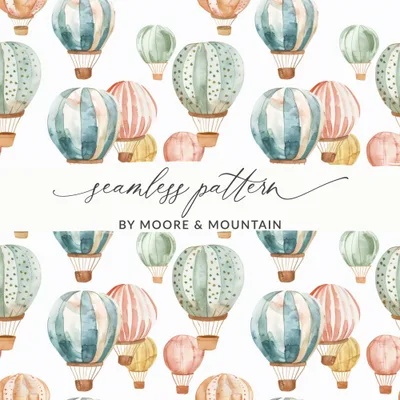 Watercolor Hot Air Balloon Digital Paper, Seamless Balloon Pattern, Pastel Sky Background, Printable Fabric Design, Kids Room Decor