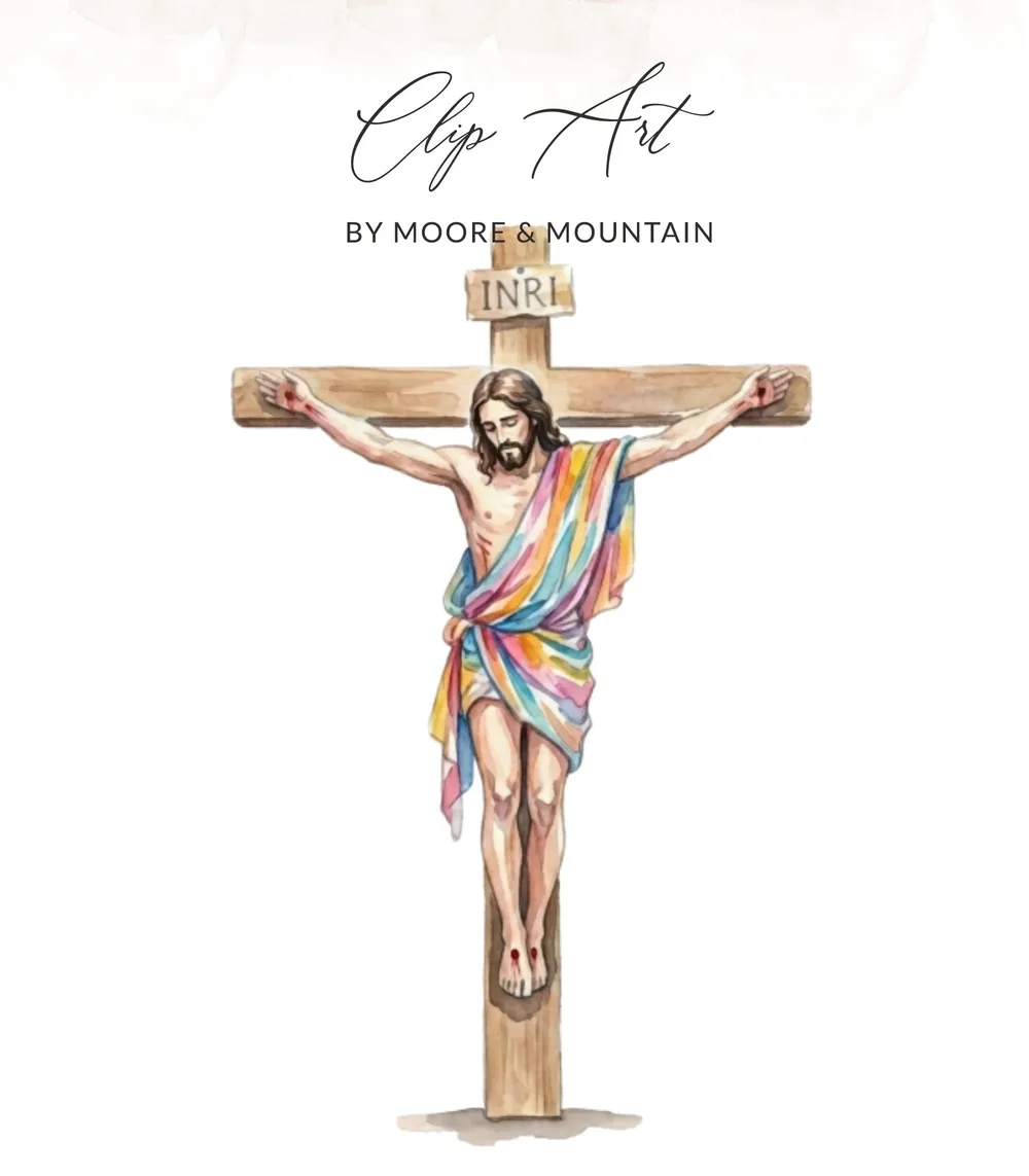 Watercolor depiction of Jesus on the cross, text "Clip Art" and "BY MOORE & MOUNTAIN" above.