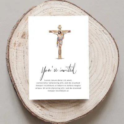 Invitation with colorful depiction of Jesus on the cross and placeholder text.