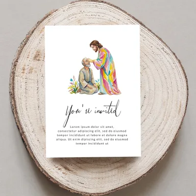 Invitation with Jesus healing a man, "You're invited" text, and placeholder text.