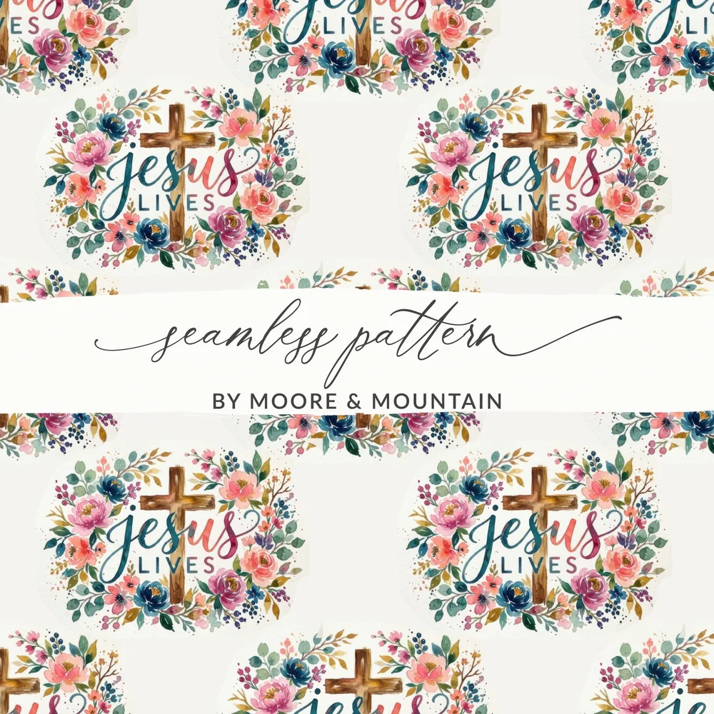 Jesus Lives Floral Cross Seamless Pattern product type
Jesus Lives, Seamless Pattern, Floral Pattern, Watercolor Flowers, Christian Design, Religious Pattern, Cross Design, Digital Paper, Fabric Print, Scripture Art, Faith Based, Easter Design, Inspirational Art, Sublimation Design, Spring Flowers, Pink Blue Floral, Greenery Pattern, Moore Mountain, Spiritual Decor, Holy Cross