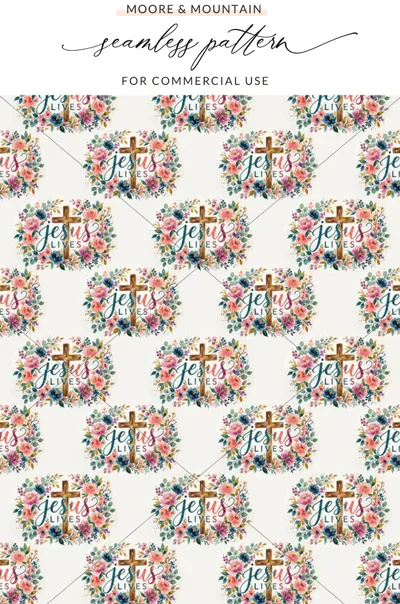 Jesus Lives Cross Floral Wreath Christian Seamless Pattern product type
Jesus Lives, Christian, Faith, Religious, Easter, Cross, Floral, Wreath, Watercolor, Seamless Pattern, Digital Paper, Scrapbooking, Fabric Print, Inspirational, Holy Week, Scripture, Spring Flowers, Resurrection, Divine Love, Hope Design