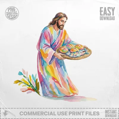Jesus holding a basket of fish and bread, watercolor illustration.