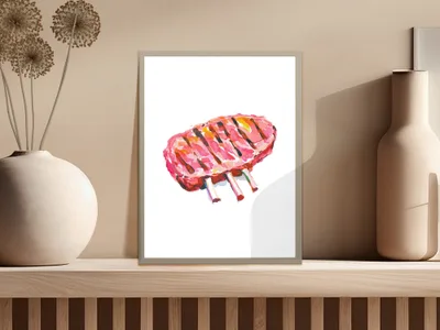 Watercolor Lamb Chops Art Print Digital Download, Grilled Meat Foodie Kitchen Decor Wall Art, Chef Gift Idea, BBQ Lover Gift