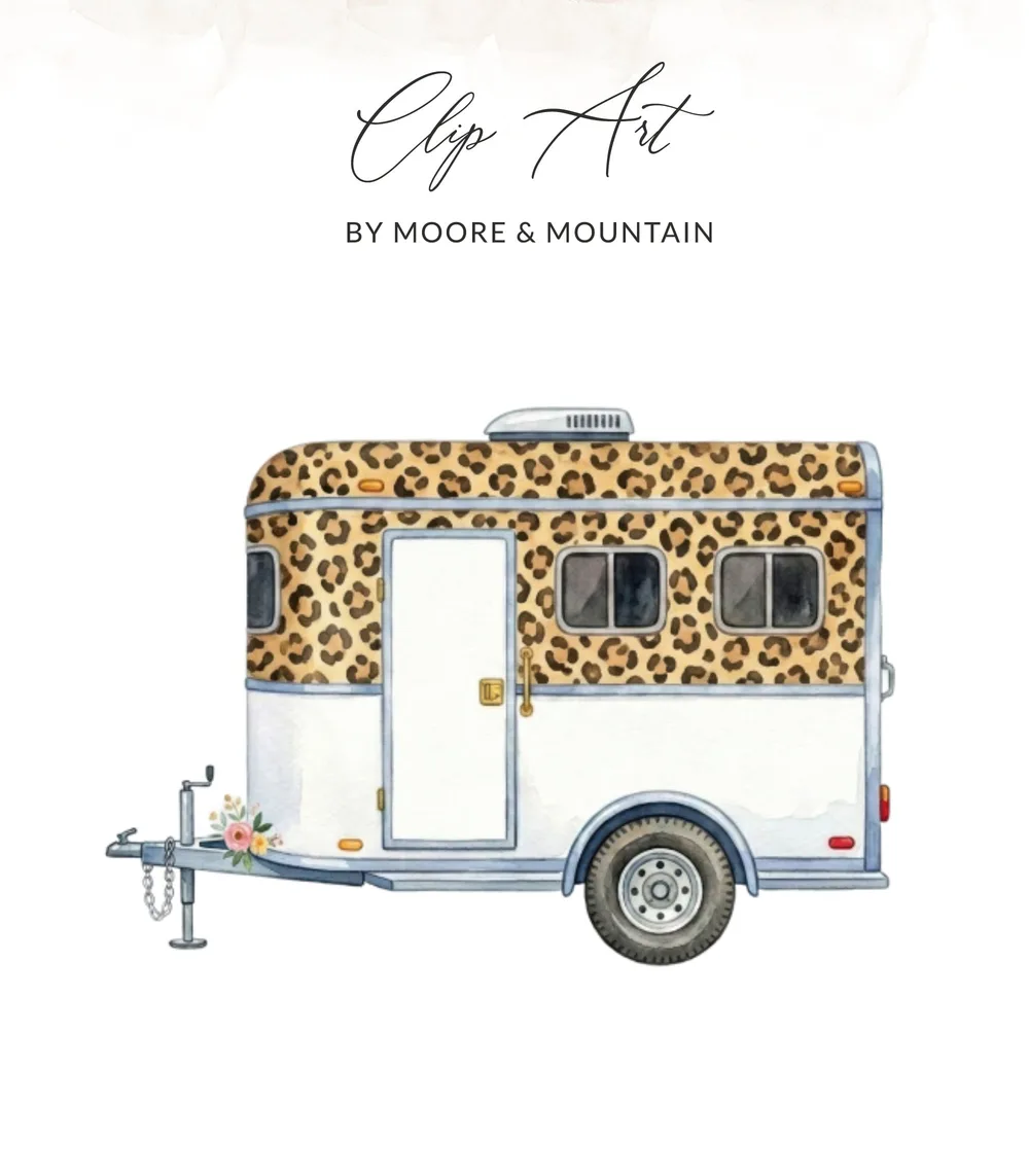 Watercolor illustration of a small camper trailer with a leopard print pattern.