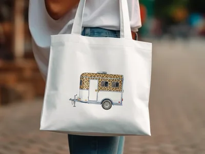 White tote bag with leopard print camper illustration.