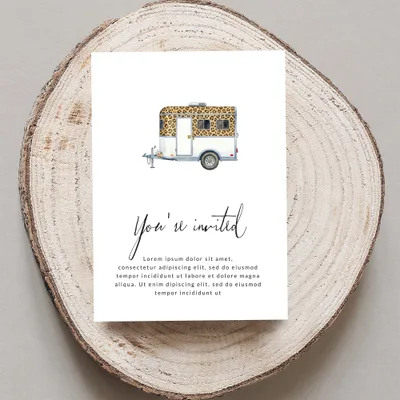 Invitation with leopard-print trailer and "You're invited" text.
