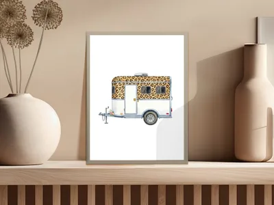 Print of a leopard print camper trailer with windows on a shelf.