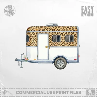 Watercolor illustration of a leopard print camper trailer with a white door and windows.