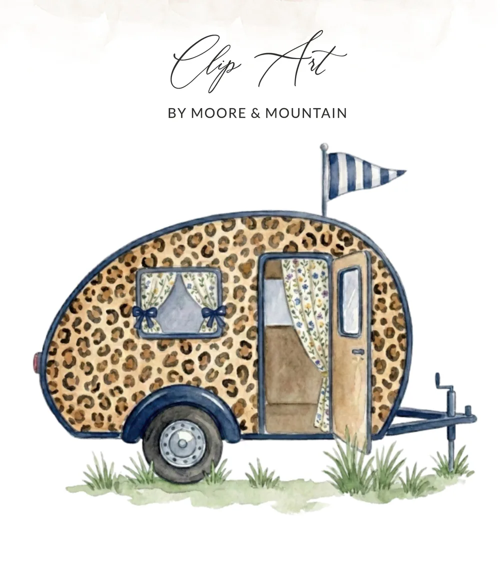 Leopard print camper trailer with striped flag and grass.