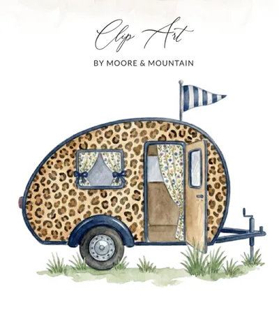 Watercolor Leopard Print Camper Clip Art PNG SVG Digital Download, Boho Teardrop Trailer RV Adventure Graphic
