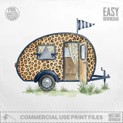 Watercolor illustration of a leopard print teardrop trailer with striped flag.