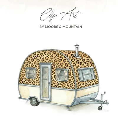 Watercolor Leopard Print Camper Clip Art PNG SVG Digital Download | Vintage Trailer Glamper Art | Boho Camping Adventure PNG