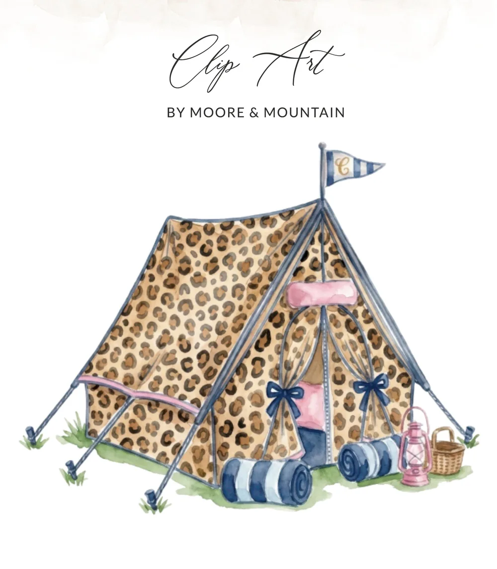 Leopard print tent with sleeping bags and lantern.
