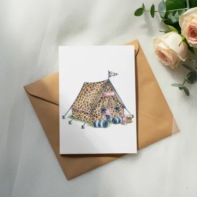 Leopard print tent with sleeping bags, lantern, and flag on card.