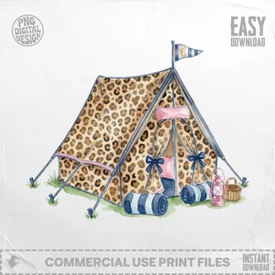 Leopard print tent with rolled sleeping bags and pink lantern.