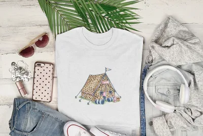 White t-shirt with leopard print tent and camping gear illustration.