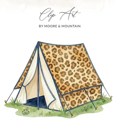 Watercolor Leopard Print Tent Clip Art PNG SVG, Safari Glamping Adventure Camping Digital Download, Boho Nursery Wall Art