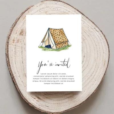 Leopard print tent invitation with "You're invited" text.