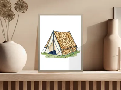 Watercolor illustration of a leopard print tent on a wooden shelf.