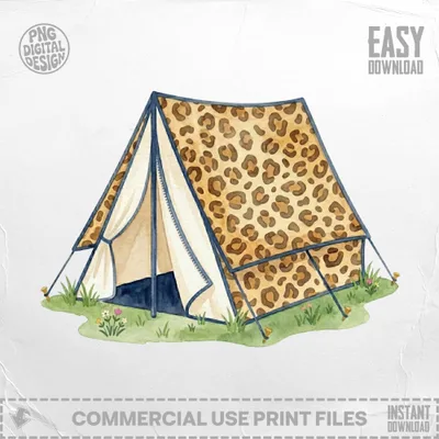 Leopard print canvas tent pitched in grass with blue accents.
