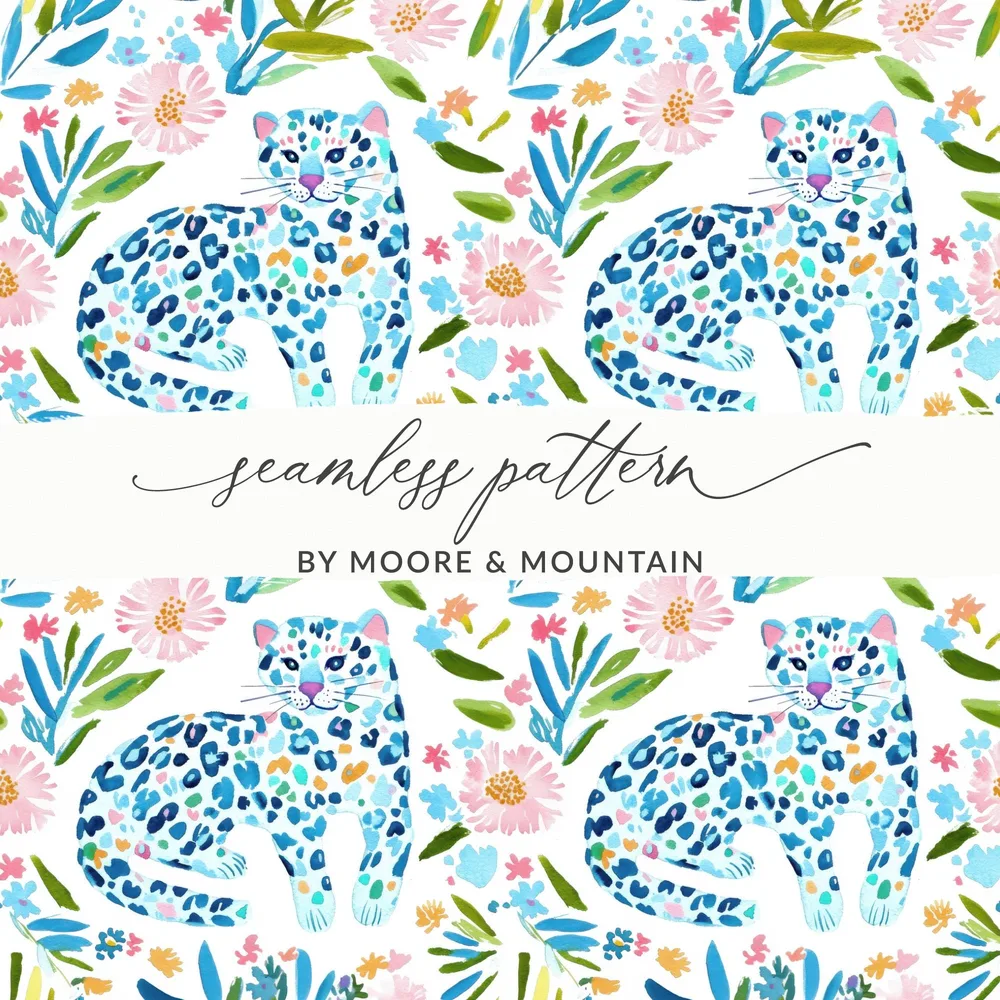 Seamless pattern with blue leopards and floral illustrations by Moore & Mountain.