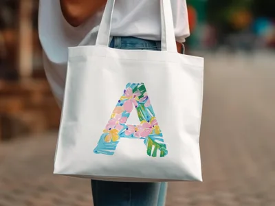 White tote bag with a large floral letter A in pastel colors.