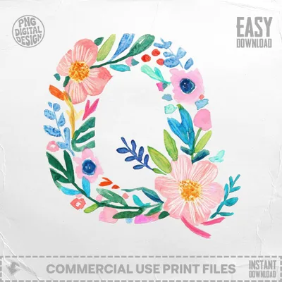 Watercolor Letter Q SVG, PNG, Floral Alphabet Initial Q Digital Download, Botanical Q Monogram Art, Whimsical Flower Letter Q Clipart