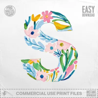 Watercolor letter S with floral and leaf accents, easy download.