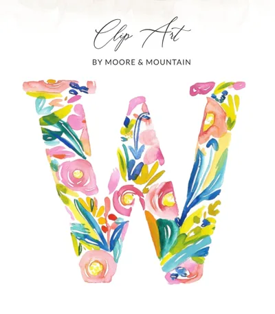 Watercolor Letter W Preppy Clipart, Vibrant Pastel Floral PNG, Tropical Prep Illustration, Bright Girly Art, Digital Alphabet Downloadable
