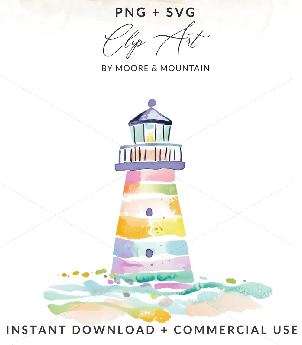 Watercolor Lighthouse Clipart Digital Download, Pastel Nautical Coastal Wall Art Print, Cute Beach House PNG Sublimation Design