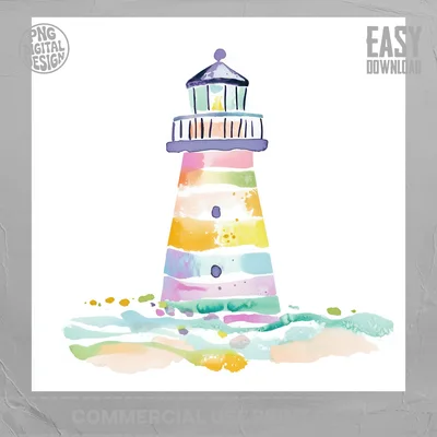 Watercolor Lighthouse Clipart Digital Download, Pastel Nautical Coastal Wall Art Print, Cute Beach House PNG Sublimation Design